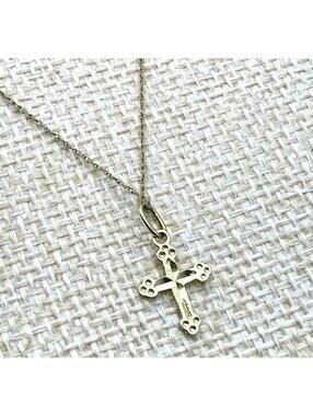 Elegant 14kt Gold Dainty Cross Pendant Necklace Small 16"